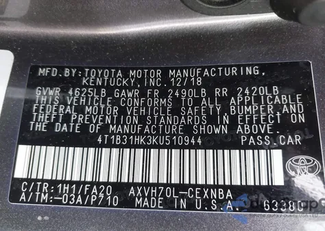 2019 Toyota Camry Le из США, поврежденный, VIN 4T1B31HK3KU510944